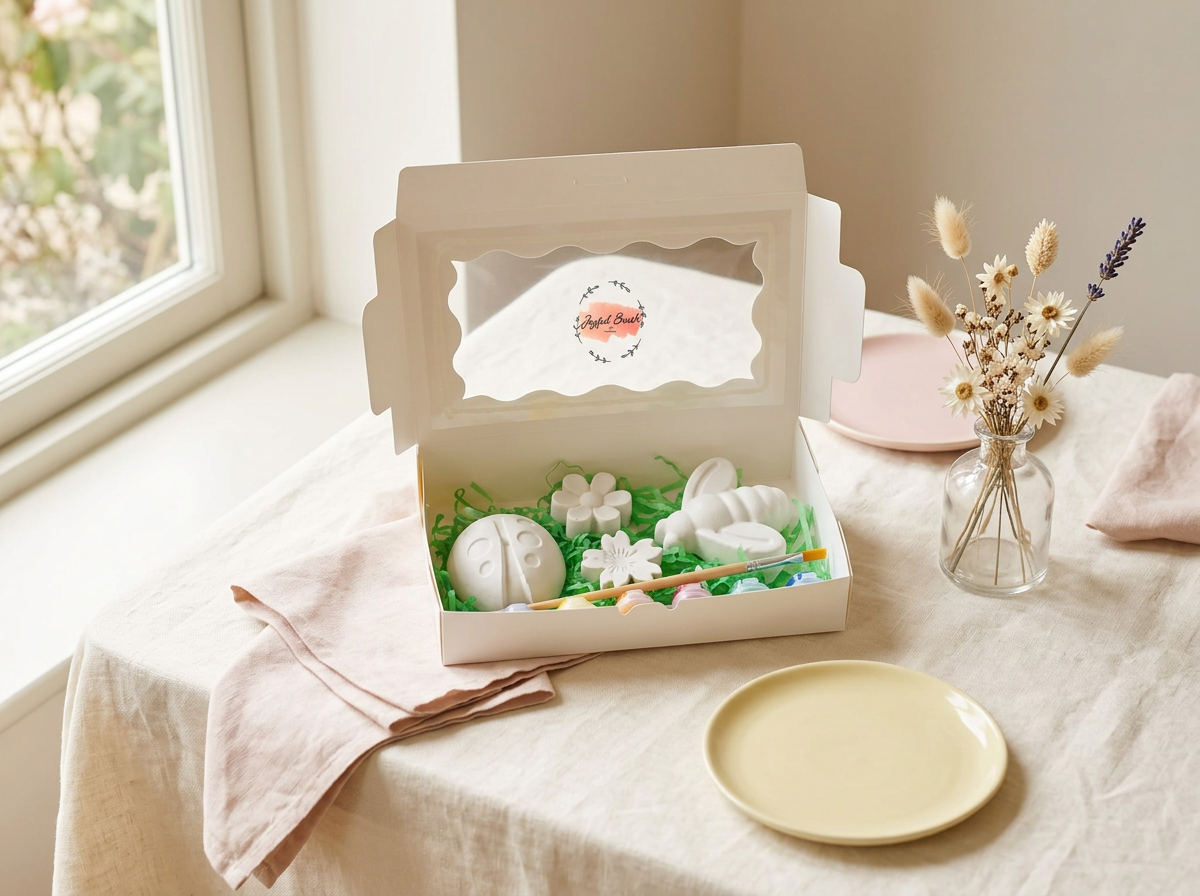 A Joyful Brush plaster painting kit styled on a linen party table with blush napkins, pastel plates and dried florals
