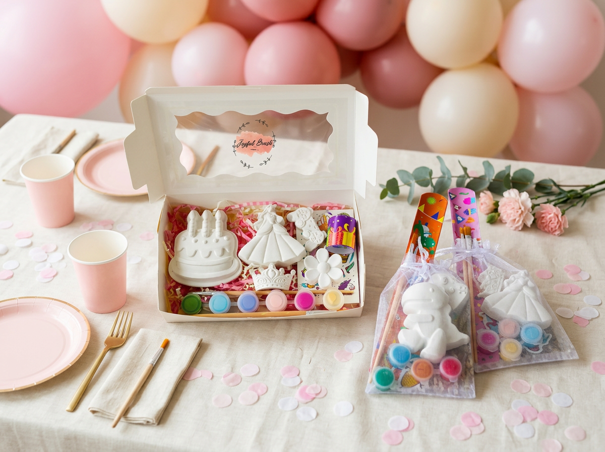 Princess themed birthday plaster box with cake and princess shapes beside two organza favour bags on a pink party table