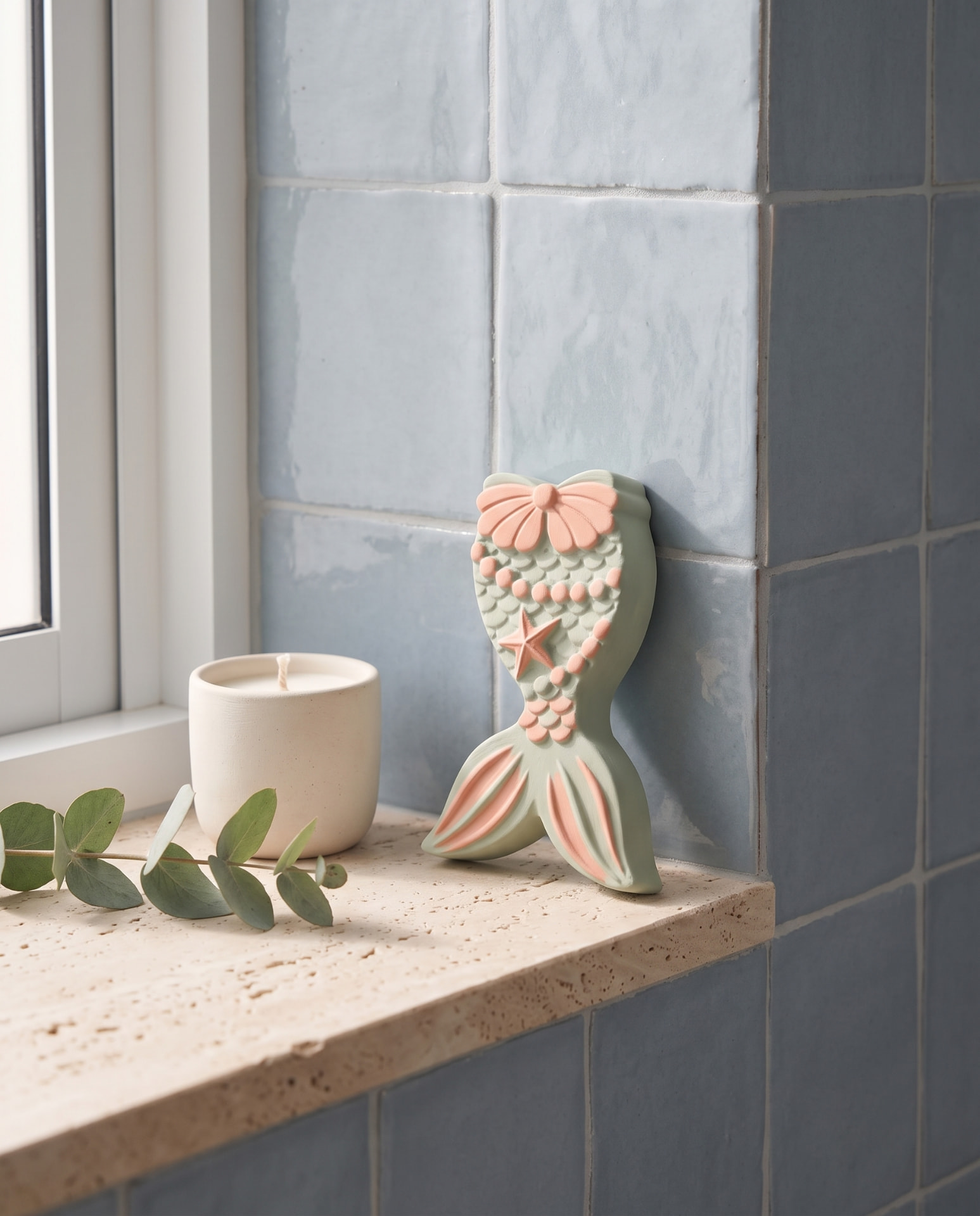A finished painted mermaid-tail plaster displayed beside a candle on a tiled window ledge