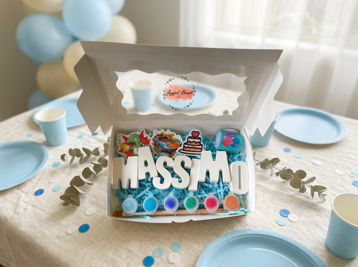 Personalised plaster birthday box spelling Massimo, set up on a soft blue party table